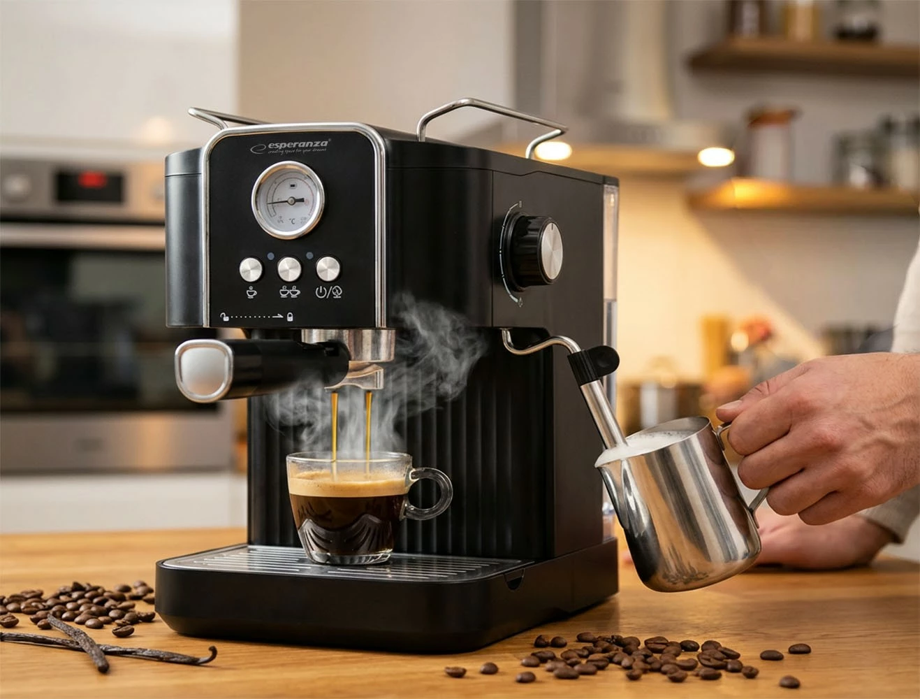 Makinë espresso me portafilter, Esperanza EXCELSA, 1.8L, 20 bar, 850W, shkumues qumështi, e zezë/argjendtë