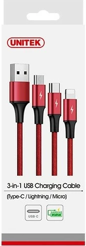 Kabllo karikimi 3-në-1 Unitek C4049RD, 1.2m, USB-C/microUSB/Lightning, Kuqe/Zi