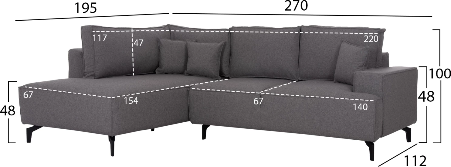 Kënd-sofë me hapësirë për depo, SAFFIRA FH3303.01L, material gri, 270x195x100cm
