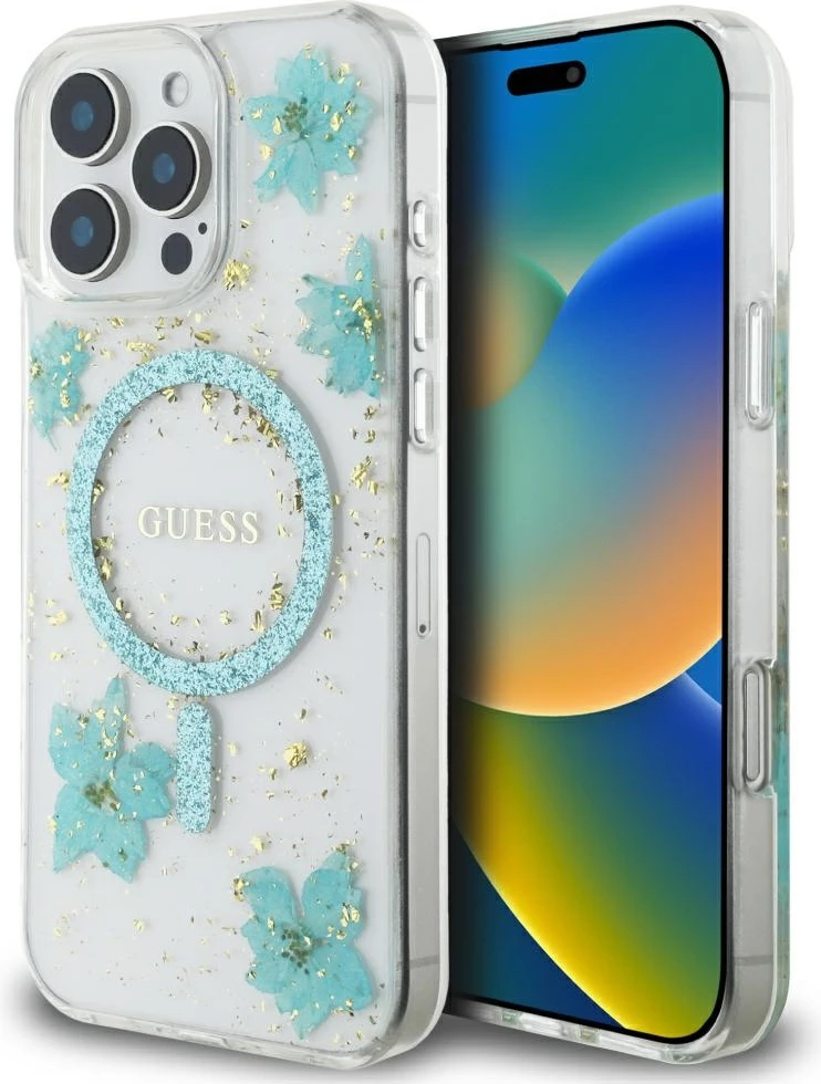 Mbështjellës Guess Resin Flowers Glitter MagSafe për iPhone 16 Pro, Transparent/Turkeze