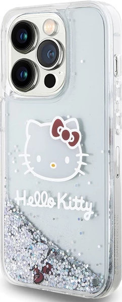Mbështjellës Hello Kitty Liquid Glitter Charms Kitty Head për iPhone 15 Pro, argjend