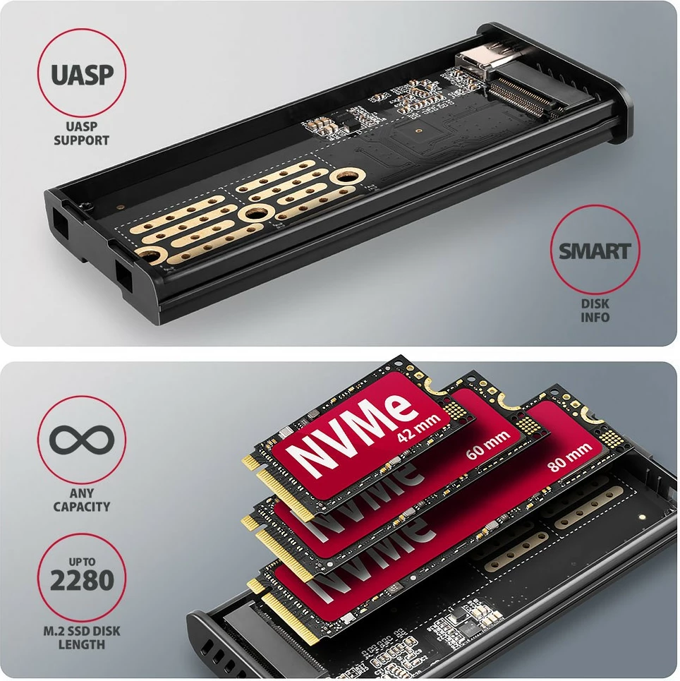 Kasë e jashtme AXAGON EEM2-SD2, për SSD M.2 NVMe/SATA, USB-A/C 3.2 Gen2, ekran LCD, Gri