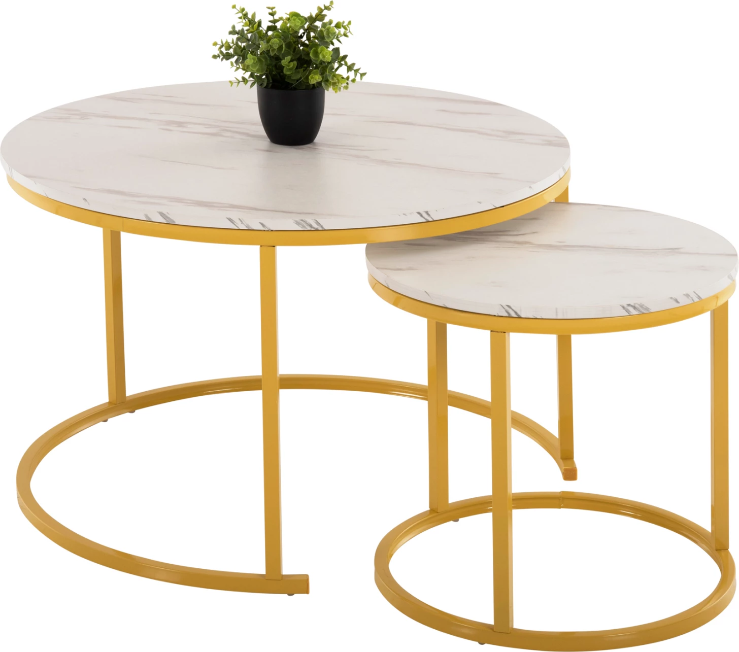 Tavolina kafeje 2 copë MDF mermer i bardhë këmbë metali ari Φ80x48cm.FH8763.11