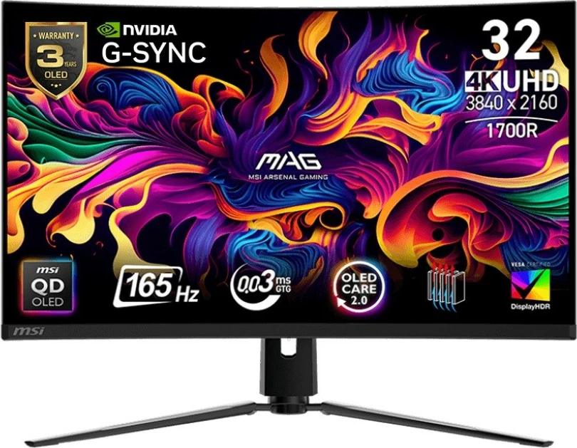 Monitor, MSI MAG 321CUP QD-OLED, 31.5", 4K UHD, 165Hz, QD‑OLED, i lakuar 1700R, 0.03ms, USB‑C/HDMI 2.1/DP, e zezë