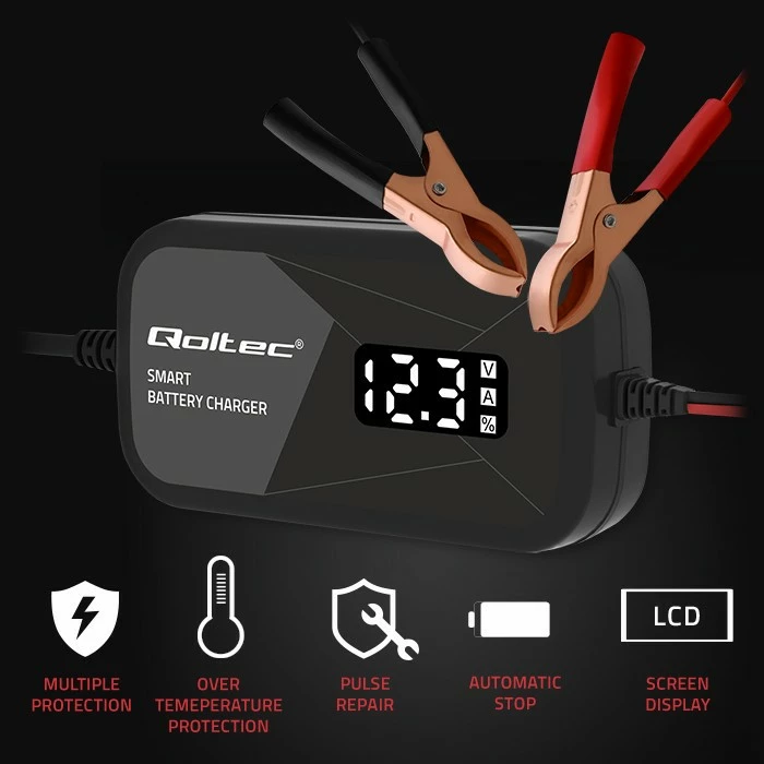 Karikues inteligjent mikroprocesorik Qoltec 52492, 12V, 2A, funksion rigjenerimi qelizash, LCD, i zi