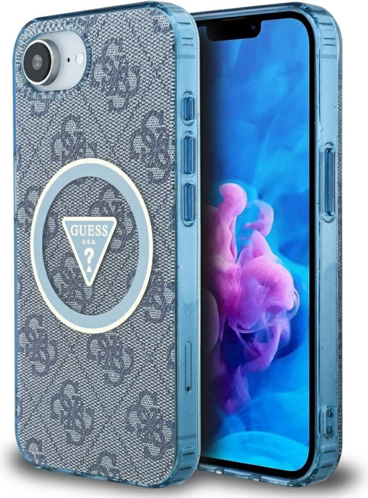 Mbështjellës Guess IML Metal Glitter 4G Circle Triangle MagSafe për iPhone 16e, Blu