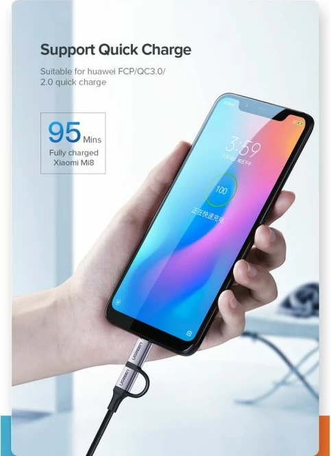 Kabllo UGREEN USB-A në Micro USB + USB-C MPN 30875 1m 2.4A 2-në-1 e gërshetuar, e zezë