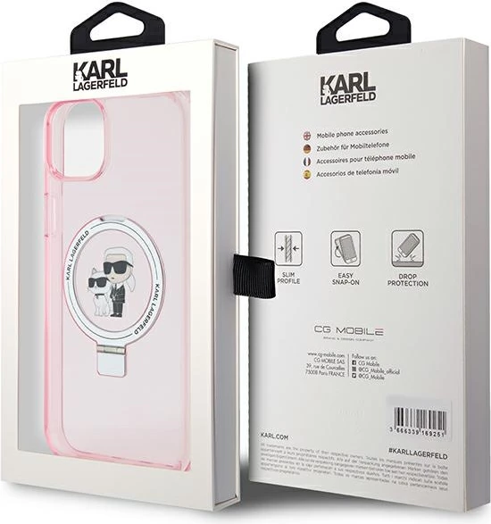 Mbështjellës Karl Lagerfeld KLHMP15SHMRSKCP për iPhone 15 6.1", me ring stand, MagSafe, rozë