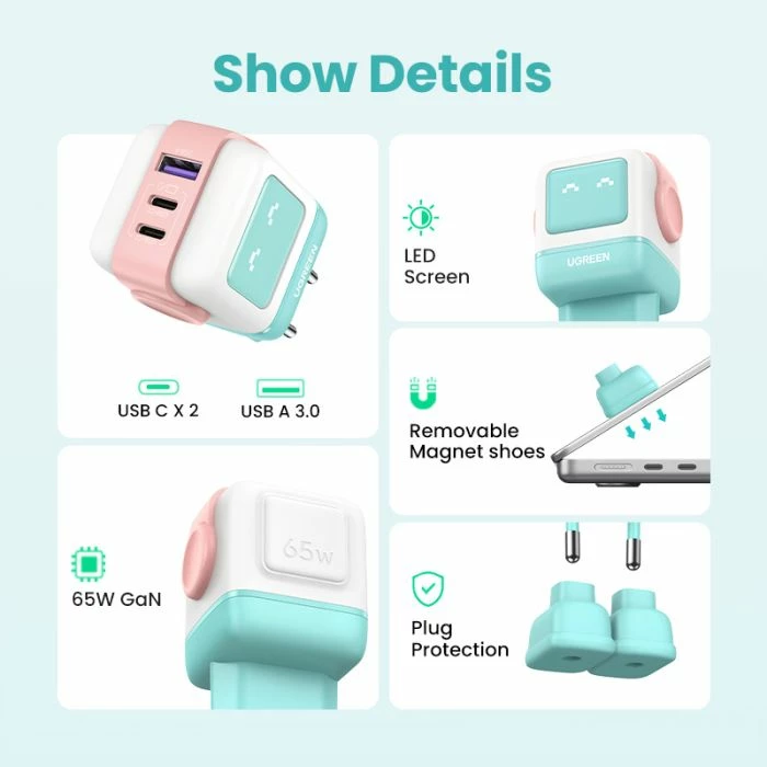 Karikues muri UGREEN Nexode Robot GaN 65W, 2x USB-C + 1x USB-A, rozë