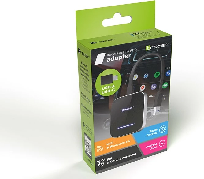 Adapter CarPlay/Android Auto Tracer CarLink PRO TRACAU47680 pa tela Bluetooth 5.0 WiFi Android/iOS zi/argjendtë