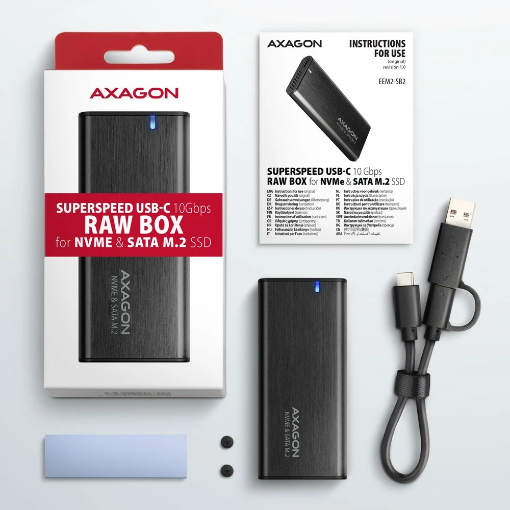 Kasë e jashtme AXAGON EEM2-SB2 për SSD M.2 NVMe/SATA, USB-C 3.2 Gen 2, Alumini, e zezë