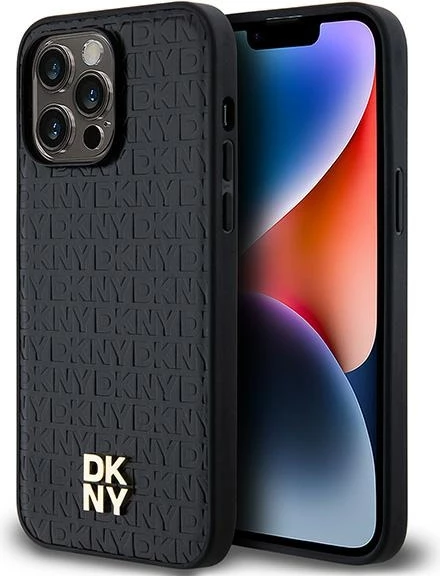 Mbështjellës DKNY Leather Monogram Pattern Metal Logo MagSafe për iPhone 14 Pro Max, Zi