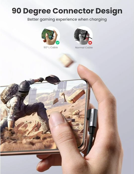 Kabllo USB-C në USB-C UGREEN 80714 60W 3m me kënd 90°, e zezë/argjend