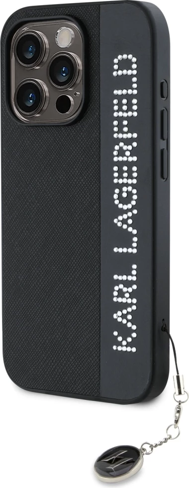 Mbështjellës Karl Lagerfeld Saffiano Rhinestones & Charm për iPhone 15 Pro Max, i zi