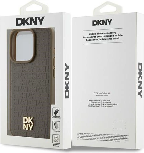 Mbështjellës DKNY Leather Pattern Metal Logo MagSafe për iPhone 15 Pro Max, kafe