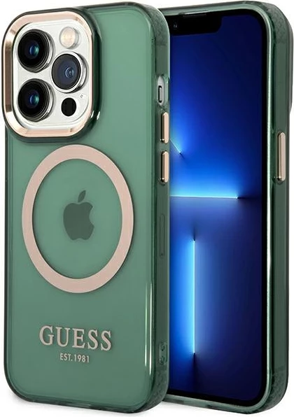 Mbështjellës Guess Gold Outline Translucent MagSafe për iPhone 14 Pro Max 6.7", i gjelbër