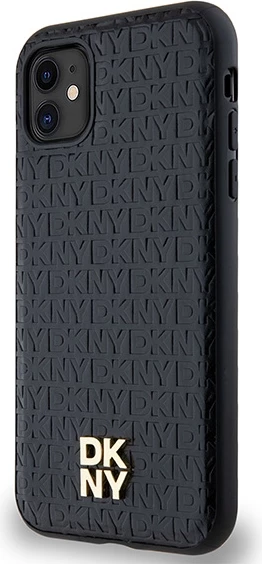 Mbështjellës DKNY Leather Monogram Pattern Metal Logo MagSafe për iPhone 11/XR, i zi
