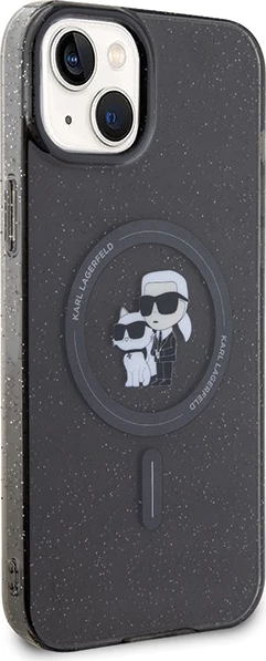 Mbështjellës Karl Lagerfeld Karl&Choupette Glitter MagSafe për iPhone 15, i zi