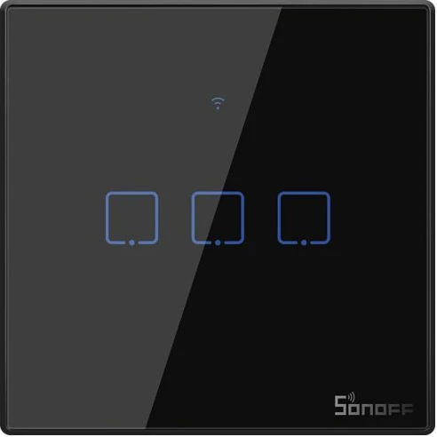 Ndërprerës muri smart Wi‑Fi SONOFF T3EU3C-TX, 3 kanale, touch, EU, xham i temperuar, i zi