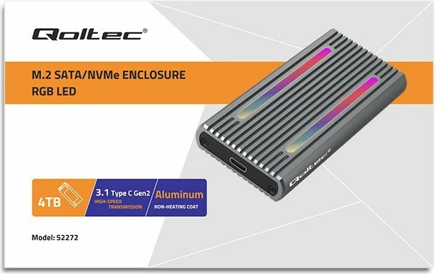 Kasë Qoltec 52272 për SSD M.2 NVMe/SATA, USB-C, 4TB, Gri me RGB LED