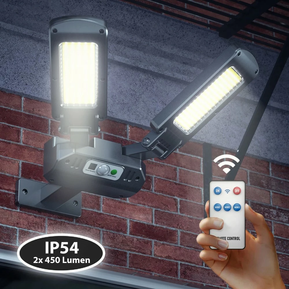 Lampë rruge solare LED Maclean MCE447 me sensor lëvizjeje dhe telekomandë, IP54, 2x450lm, 6500K