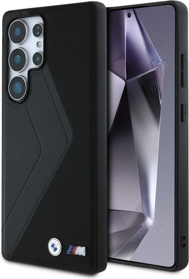 Mbështjellës BMW Leather Oversized Stripes MagSafe për Samsung Galaxy S25 Ultra, lëkurë natyrale, hardcase, i zi