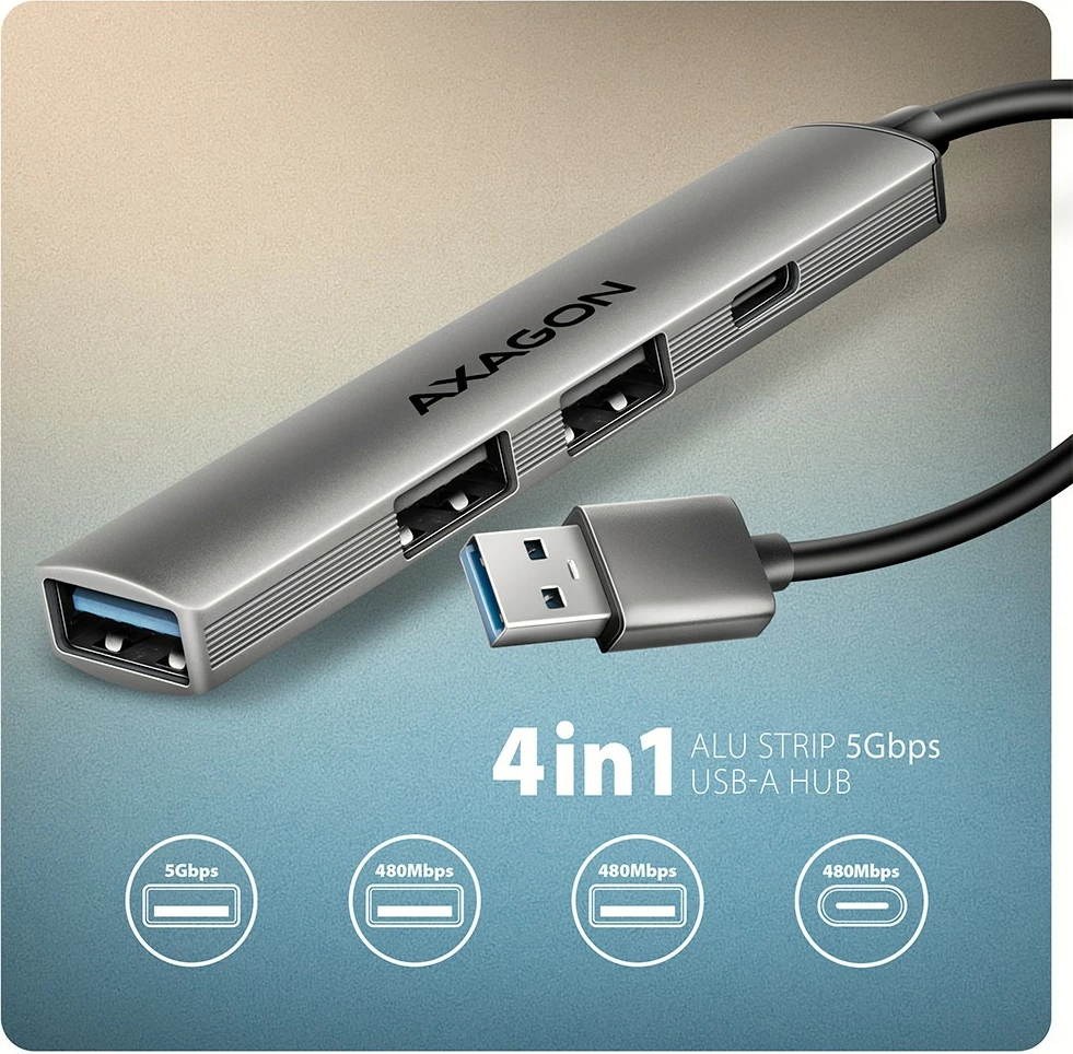 HUB USB AXAGON HUE-STA 4 porte 1x USB-A 5Gbps + 2x USB-A 2.0 + 1x USB-C 2.0, kabllo USB-A 12 cm, gri
