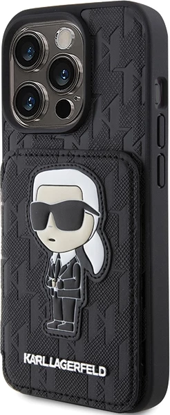 Mbështjellës Karl Lagerfeld Saffiano Cardslots & Stand Monogram Ikonik për iPhone 15 Pro, e zezë