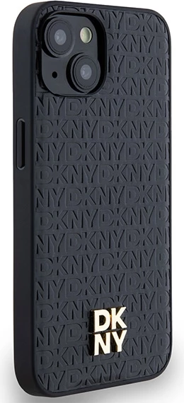 Mbështjellës DKNY Leather Monogram Pattern Metal Logo MagSafe për iPhone 15/14/13, e zezë