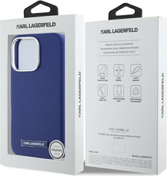 Mbështjellës Karl Lagerfeld FW Metal Plate MagSafe për iPhone 16 Pro Max, Blu
