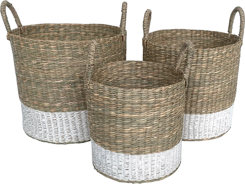 Set shporta Sifnos, 3 copë, kashtë deti, natyrale-bardhë, 33x33x39 cm