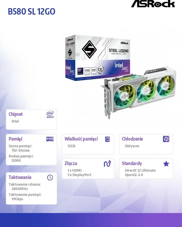 Kartelë grafike ASRock B580 STEEL LEGEND, 12GB GDDR6, PCI-E 4.0, e bardhë