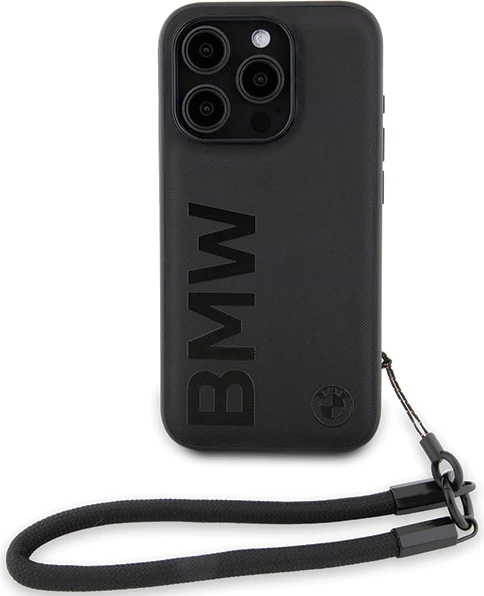Mbështjellës BMW Signature Leather Wordmark Cord për iPhone 15 Pro, lëkurë, i zi