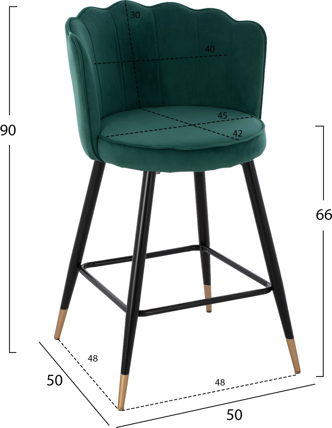 Karrige për bar mesatare, FH8736.03, kadife e gjelbër, kornizë metalike, 50x50x90 cm., set prej 2 copë