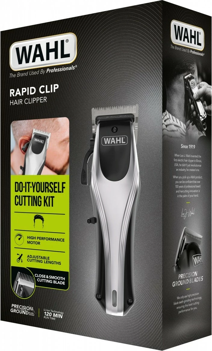 Makinë qethëse Wahl Rapid Clip 09657-0460, pa kabllo, 120 min punë, karikim 2 orë, teh 45 mm, prerje min 0.7 mm, e zezë/argjend, set me 10 krehëza
