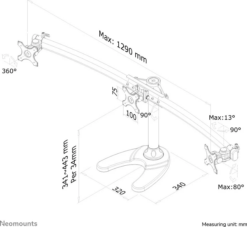 Mbajtës tavoline për 3 monitorë Newstar Neomounts FPMA-D700DD3, 10-27 inç, VESA 75x75/100x100, e zezë