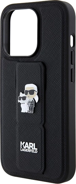 Mbështjellës Karl Lagerfeld Gripstand Saffiano Karl&Choupette Pins për iPhone 14 Pro, i zi
