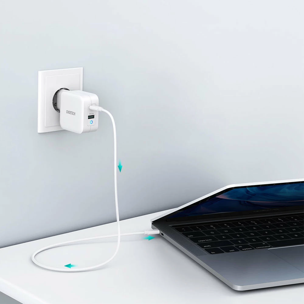 Karikues muri Choetech PD8002, GaN, 65W, 2 porta (USB-C + USB-A), Bardhë