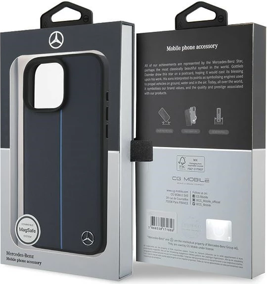 Mbështjellës Mercedes MB Blue Line lëkurë me MagSafe për iPhone 16 Pro Max, Blu