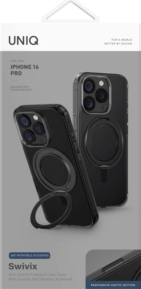 Mbështjellës UNIQ Swivix 360 me mbajtëse rrotulluese për iPhone 16 Pro, Zi
