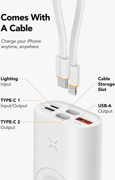 Powerbank VEGER W1162S 10000mAh MagFan me kabllo të integrume Type-C në Lightning, karikues Apple Watch dhe stand, 25W, i bardhë