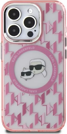 Mbështjellës Karl Lagerfeld IML Monogram Karl & Choupette Head MagSafe për iPhone 15, Rozë