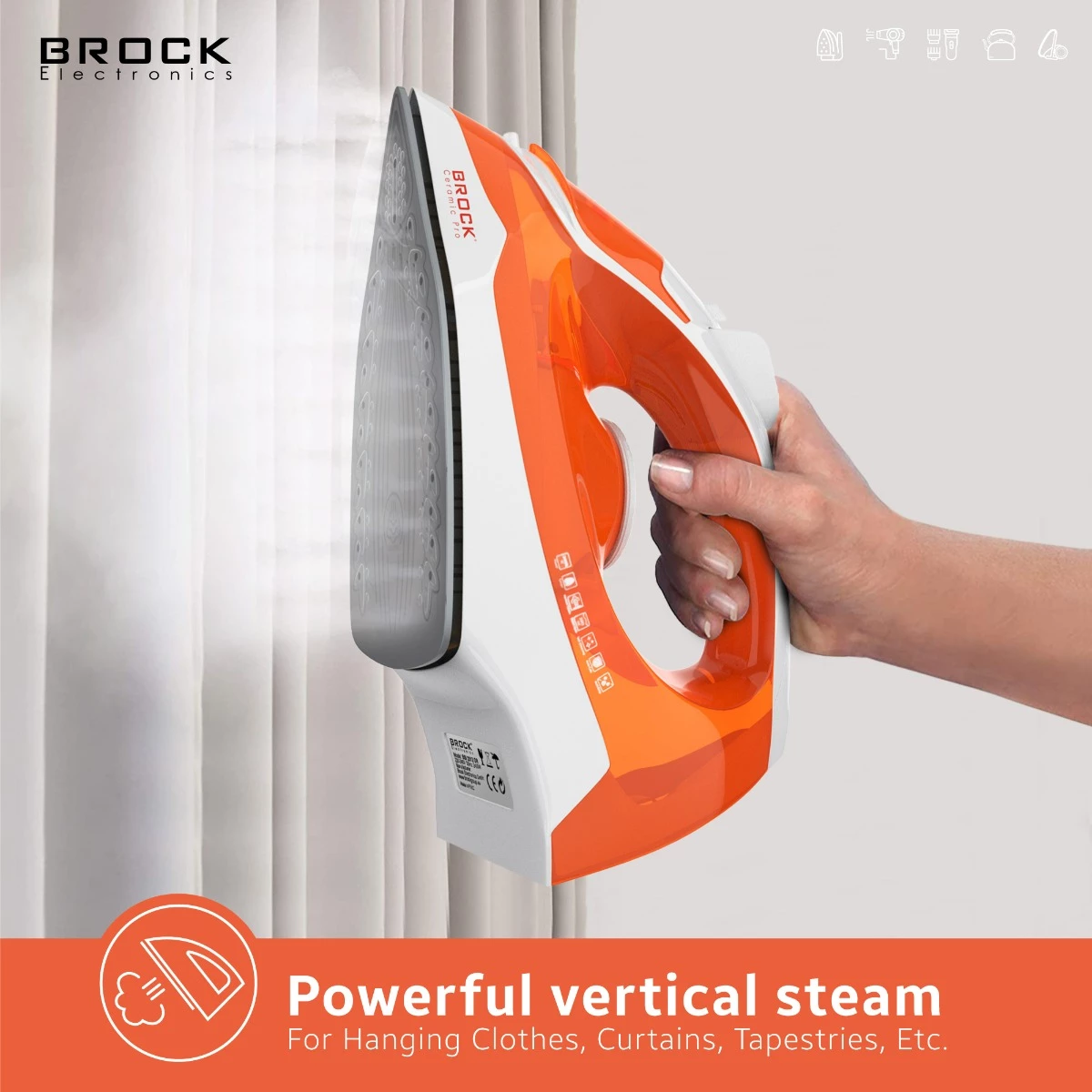 Hekur me avull Brock BSI 2012 OR 2400W, shollë qeramike, rezervuar 280 ml, portokalli/bardhë