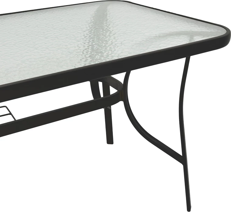 Tavolinë për jashtë, metalike, xham i kalitur, 140x80x70 cm