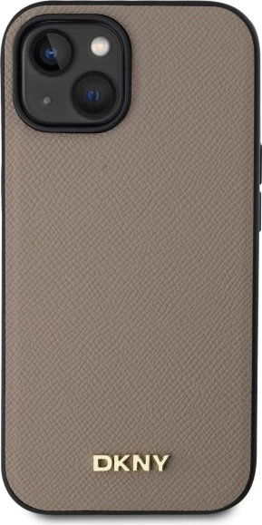 Mbështjellës DKNY Grained Metal Logo MagSafe për iPhone 15, Bezhe