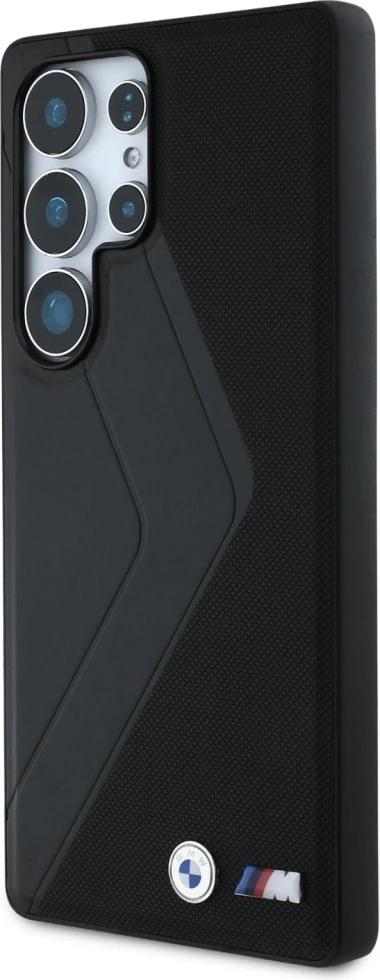 Mbështjellës BMW Leather Oversized Stripes MagSafe për Samsung Galaxy S25 Ultra, lëkurë natyrale, hardcase, i zi