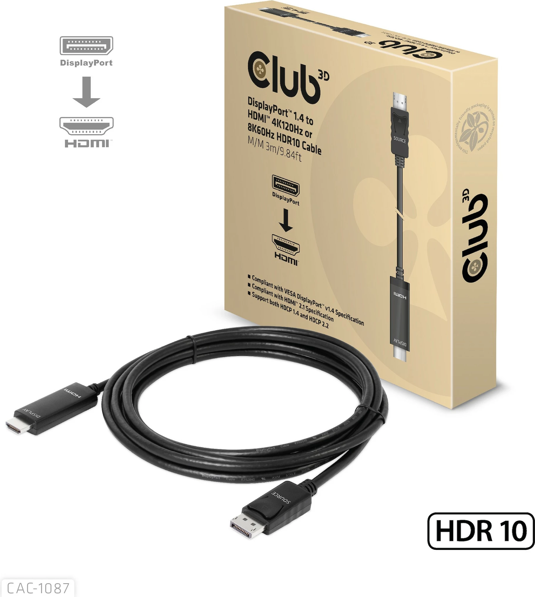 Kabllo DisplayPort në HDMI Club3D 3m, HDR10, 8K, e zezë