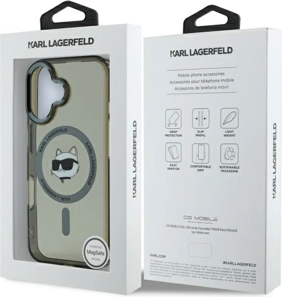 Mbështjellës Karl Lagerfeld IML Metal Choupette Head MagSafe për iPhone 16 Plus, Zi