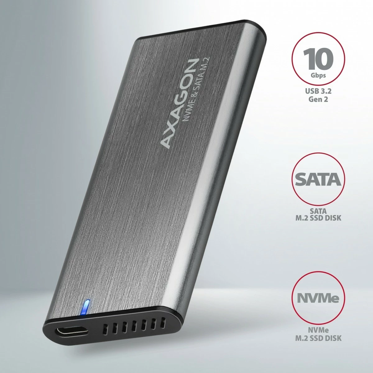 Kasë e jashtme AXAGON EEM2-SG2 për SSD M.2 NVMe & SATA, USB-C 3.2 Gen 2, Alumini, Argjendtë