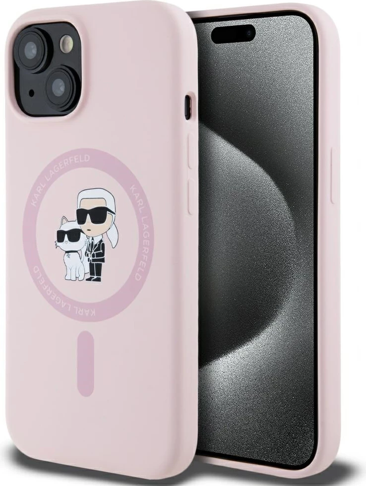 Mbështjellës Karl Lagerfeld Silicone Karl&Choupette MagSafe për iPhone 15 Plus, Rozë